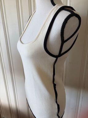 Mango Knitted Cream Tank Top with Black Trim Size S NWT